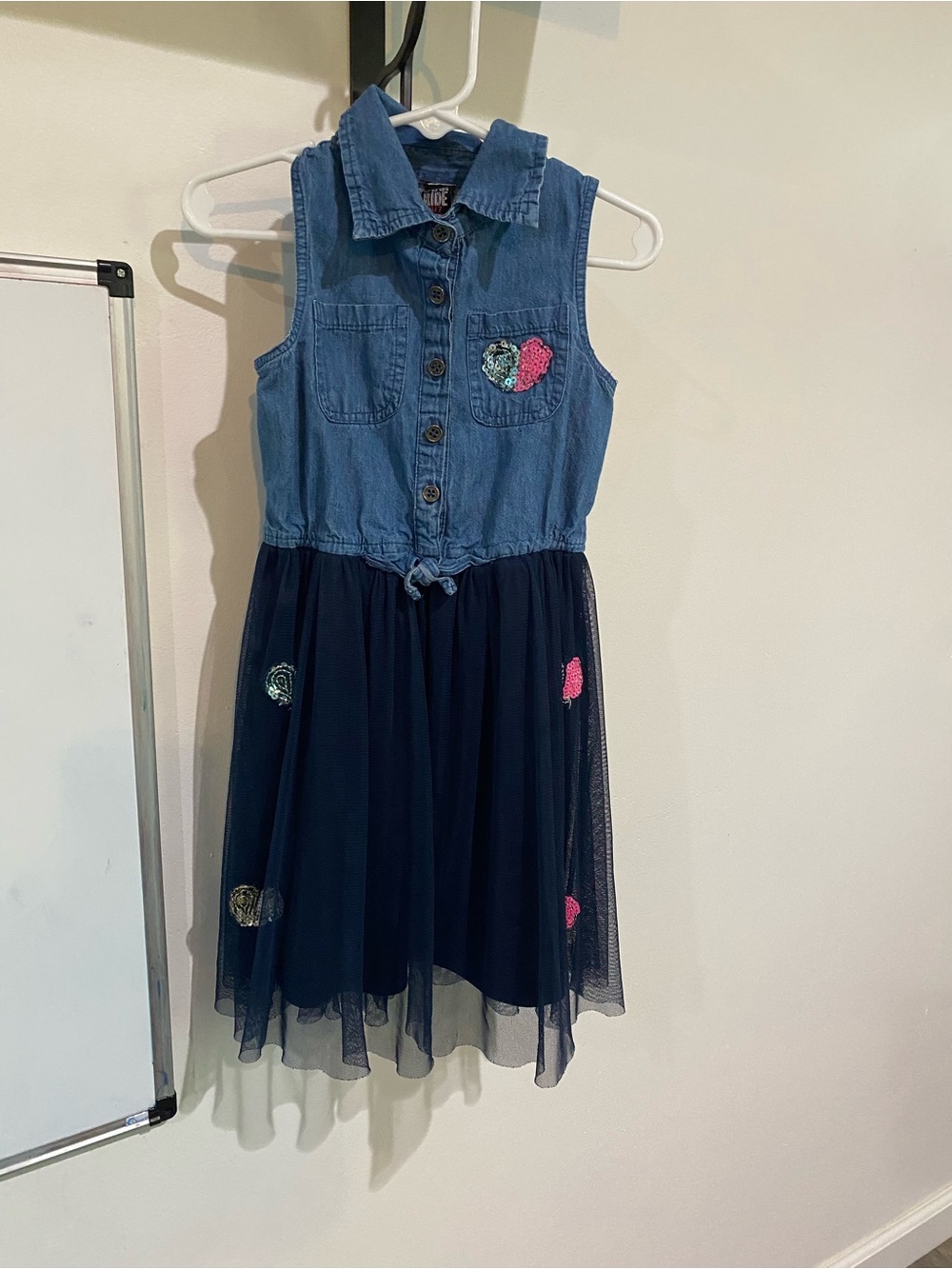 Star Ride Girls Denim Sleeveless Dress with Navy Tulle Skirt